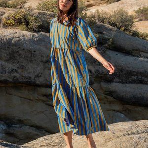 SZ Blockprints Gaia Dress, Large, Camel thick stripes, Day Dress,